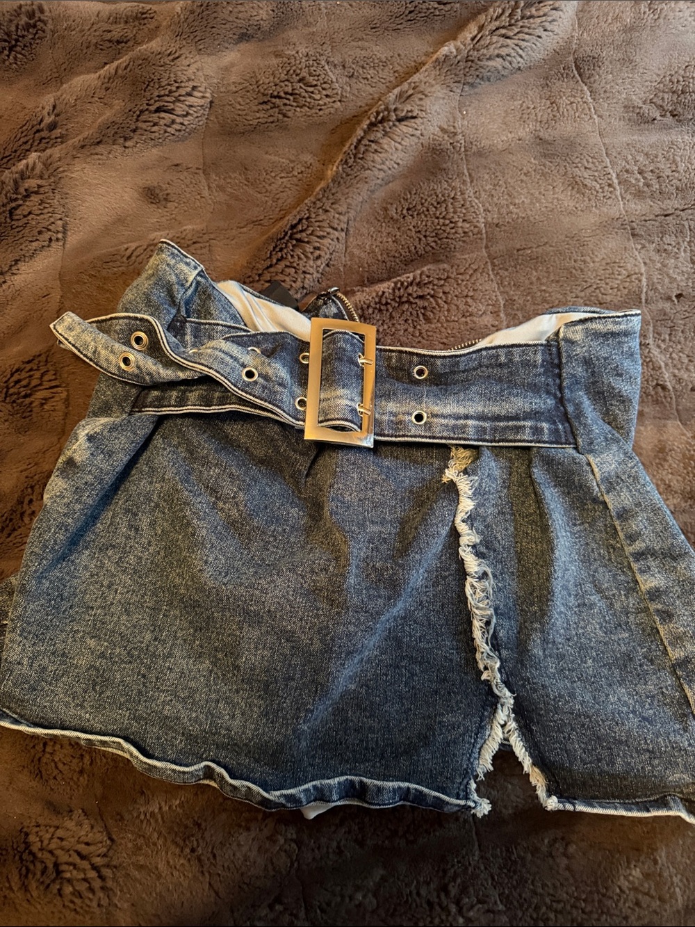 Windsor Blue Distressed Denim Skort with Gold-Tone Buckle